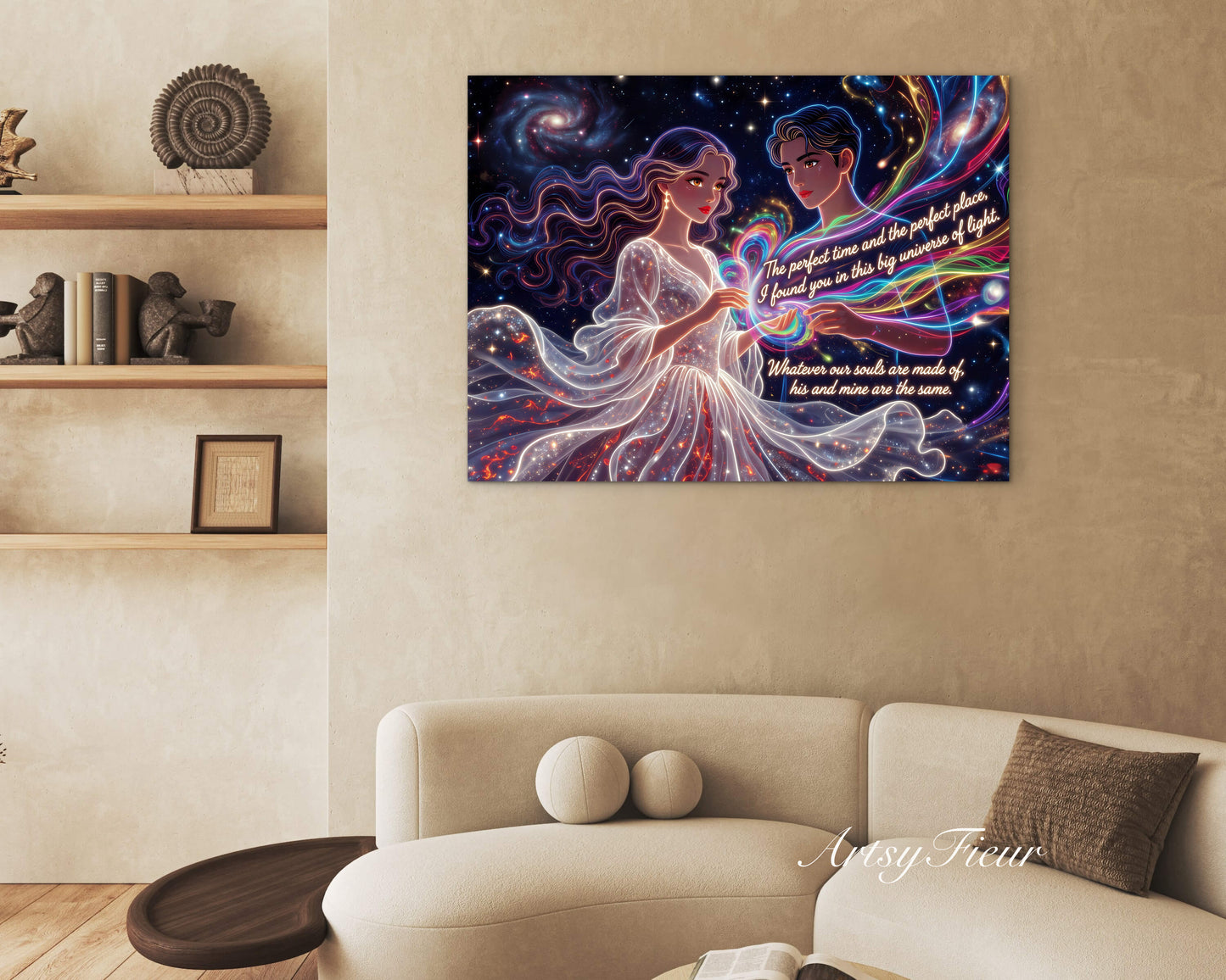Framed canvas- ready to hang beautiful abstract lights lovers portrait soulmates him and her portrait engagement gift fantasy wall art colourful vibrant colours bride wedding celebration