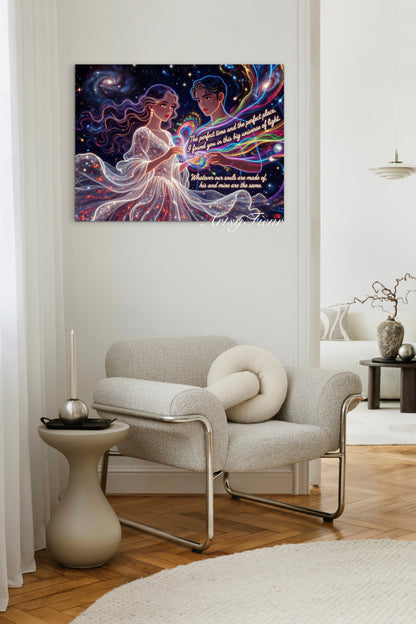 Framed canvas- ready to hang beautiful abstract lights lovers portrait soulmates him and her portrait engagement gift fantasy wall art colourful vibrant colours bride wedding celebration