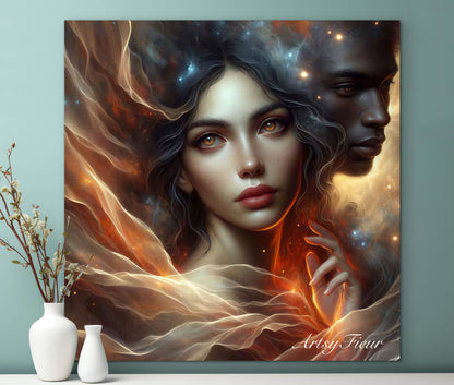 Framed canvas- ready to hang Fantasy portrait universe soulmates lovers love him and her black man beautiful brunette woman abstract light