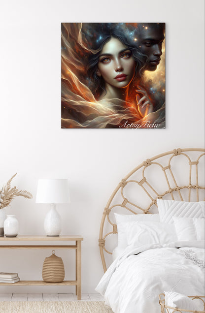 Framed canvas- ready to hang Fantasy portrait universe soulmates lovers love him and her black man beautiful brunette woman abstract light