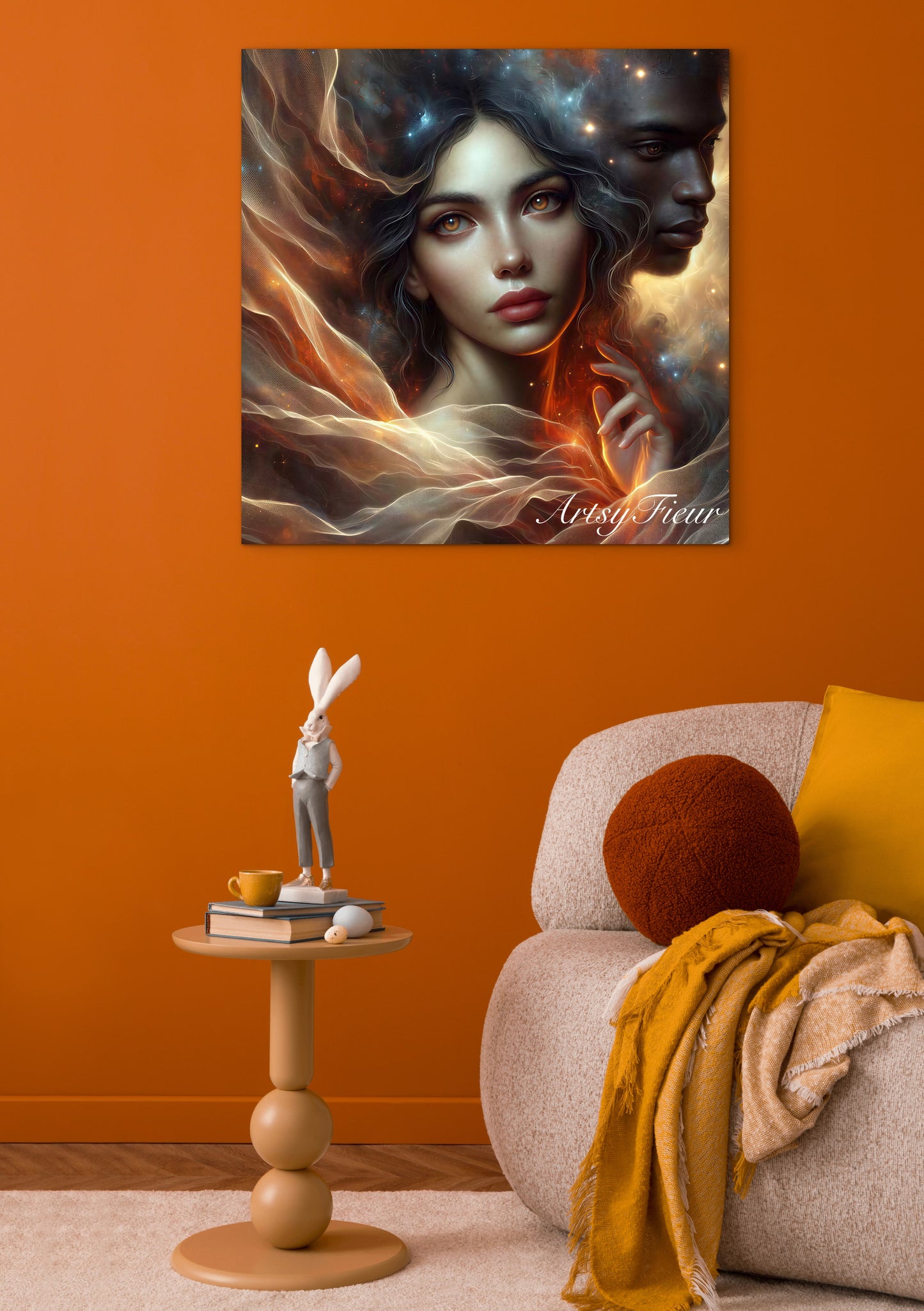 Framed canvas- ready to hang Fantasy portrait universe soulmates lovers love him and her black man beautiful brunette woman abstract light