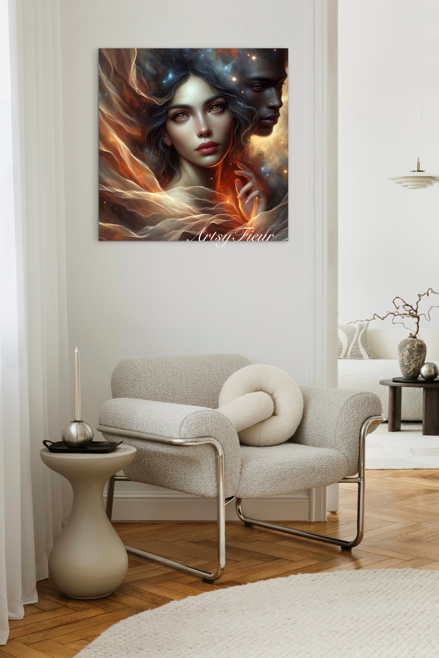 Framed canvas- ready to hang Fantasy portrait universe soulmates lovers love him and her black man beautiful brunette woman abstract light