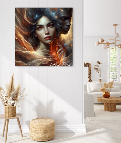 Framed canvas- ready to hang Fantasy portrait universe soulmates lovers love him and her black man beautiful brunette woman abstract light