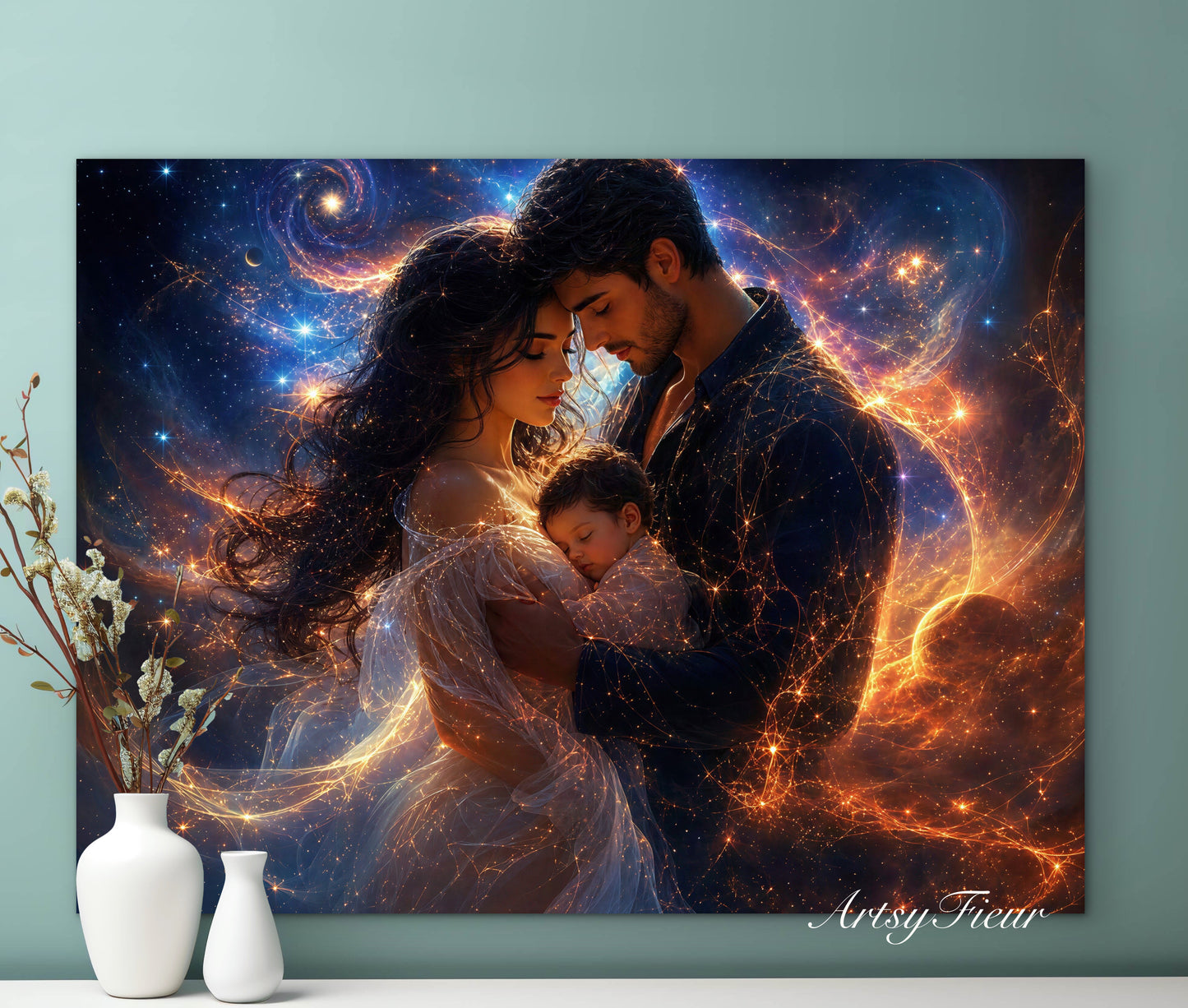 Framed Canvas Beautiful abstract portrait family mother and son vibrant colours whimsical lights universe love soulmates wall art ready to hang
