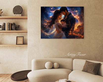 Framed Canvas Beautiful abstract portrait family mother and son vibrant colours whimsical lights universe love soulmates wall art ready to hang