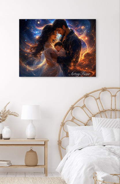 Framed Canvas Beautiful abstract portrait family mother and son vibrant colours whimsical lights universe love soulmates wall art ready to hang