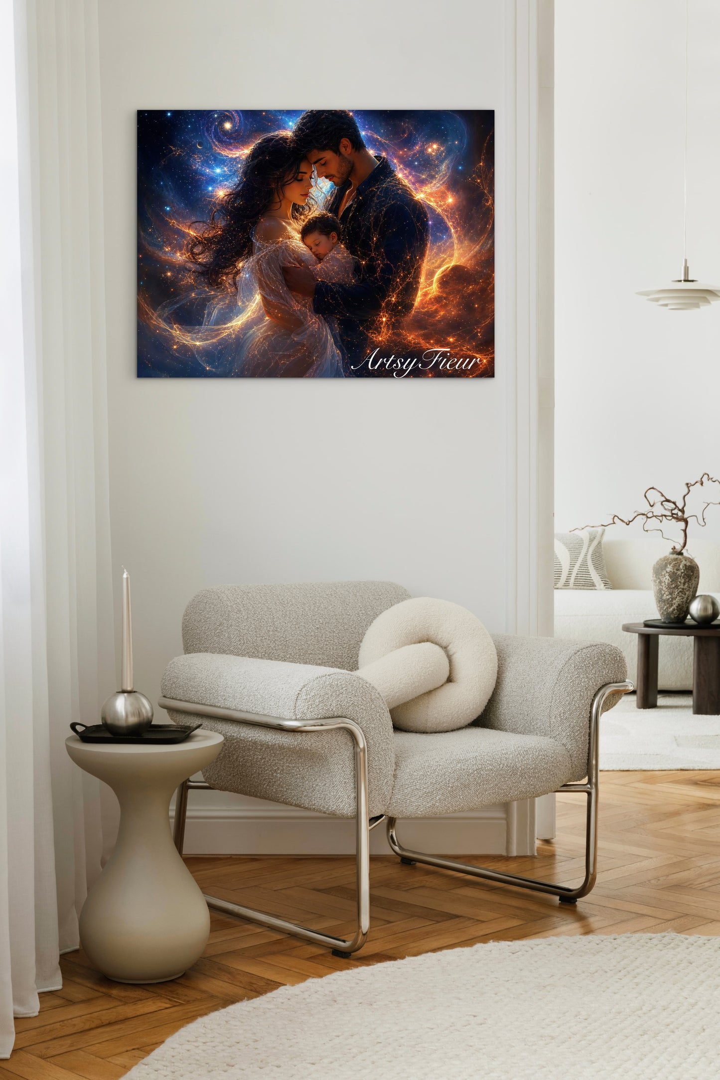 Framed Canvas Beautiful abstract portrait family mother and son vibrant colours whimsical lights universe love soulmates wall art ready to hang