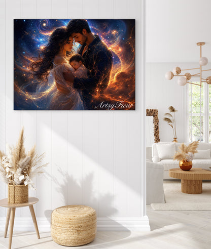 Framed Canvas Beautiful abstract portrait family mother and son vibrant colours whimsical lights universe love soulmates wall art ready to hang