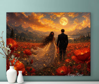 Framed canvas- ready to hang wall art print, fantasy painting vibrant sunset bride and groom in poppy field, wedding gift, poppies, lovers, celebrating love, whimsical landscape, sparking lights, unique gift original artwork.