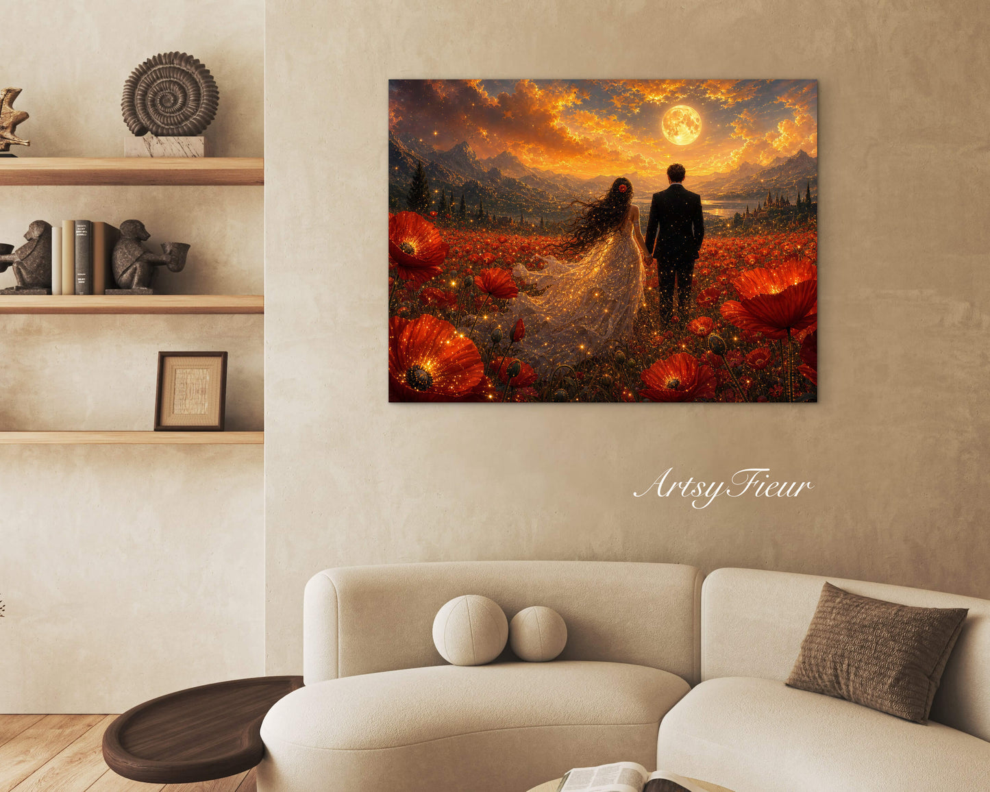 Framed canvas- ready to hang wall art print, fantasy painting vibrant sunset bride and groom in poppy field, wedding gift, poppies, lovers, celebrating love, whimsical landscape, sparking lights, unique gift original artwork.