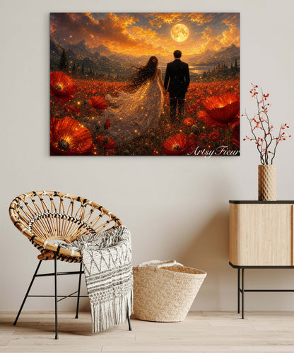 Framed canvas- ready to hang wall art print, fantasy painting vibrant sunset bride and groom in poppy field, wedding gift, poppies, lovers, celebrating love, whimsical landscape, sparking lights, unique gift original artwork.