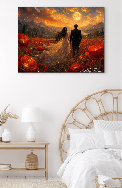 Framed canvas- ready to hang wall art print, fantasy painting vibrant sunset bride and groom in poppy field, wedding gift, poppies, lovers, celebrating love, whimsical landscape, sparking lights, unique gift original artwork.