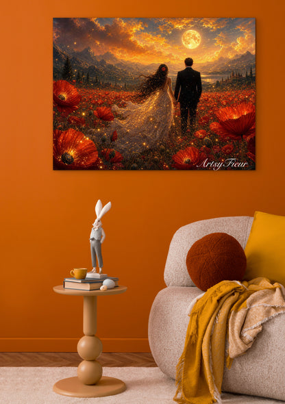 Framed canvas- ready to hang wall art print, fantasy painting vibrant sunset bride and groom in poppy field, wedding gift, poppies, lovers, celebrating love, whimsical landscape, sparking lights, unique gift original artwork.