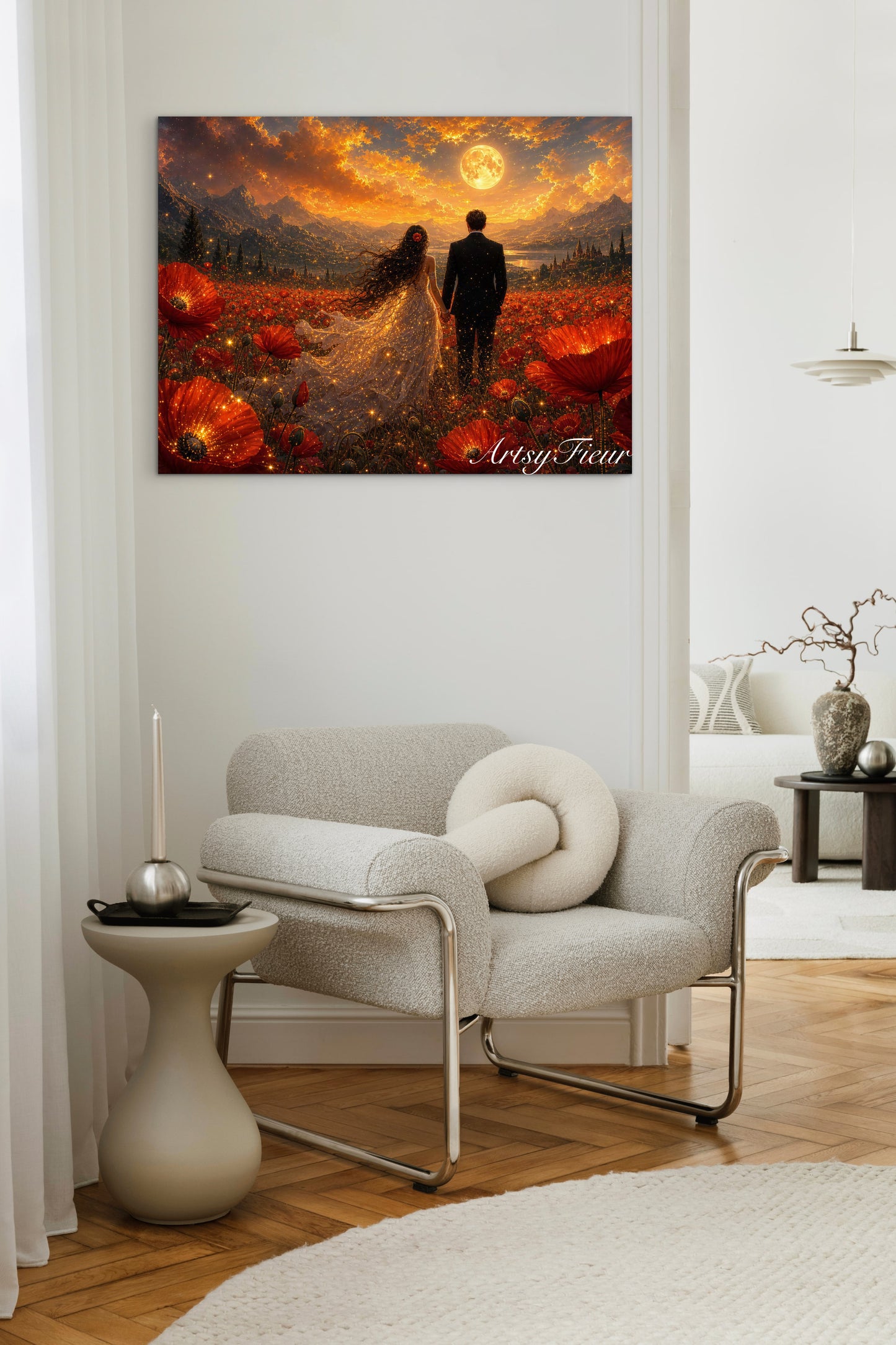 Framed canvas- ready to hang wall art print, fantasy painting vibrant sunset bride and groom in poppy field, wedding gift, poppies, lovers, celebrating love, whimsical landscape, sparking lights, unique gift original artwork.