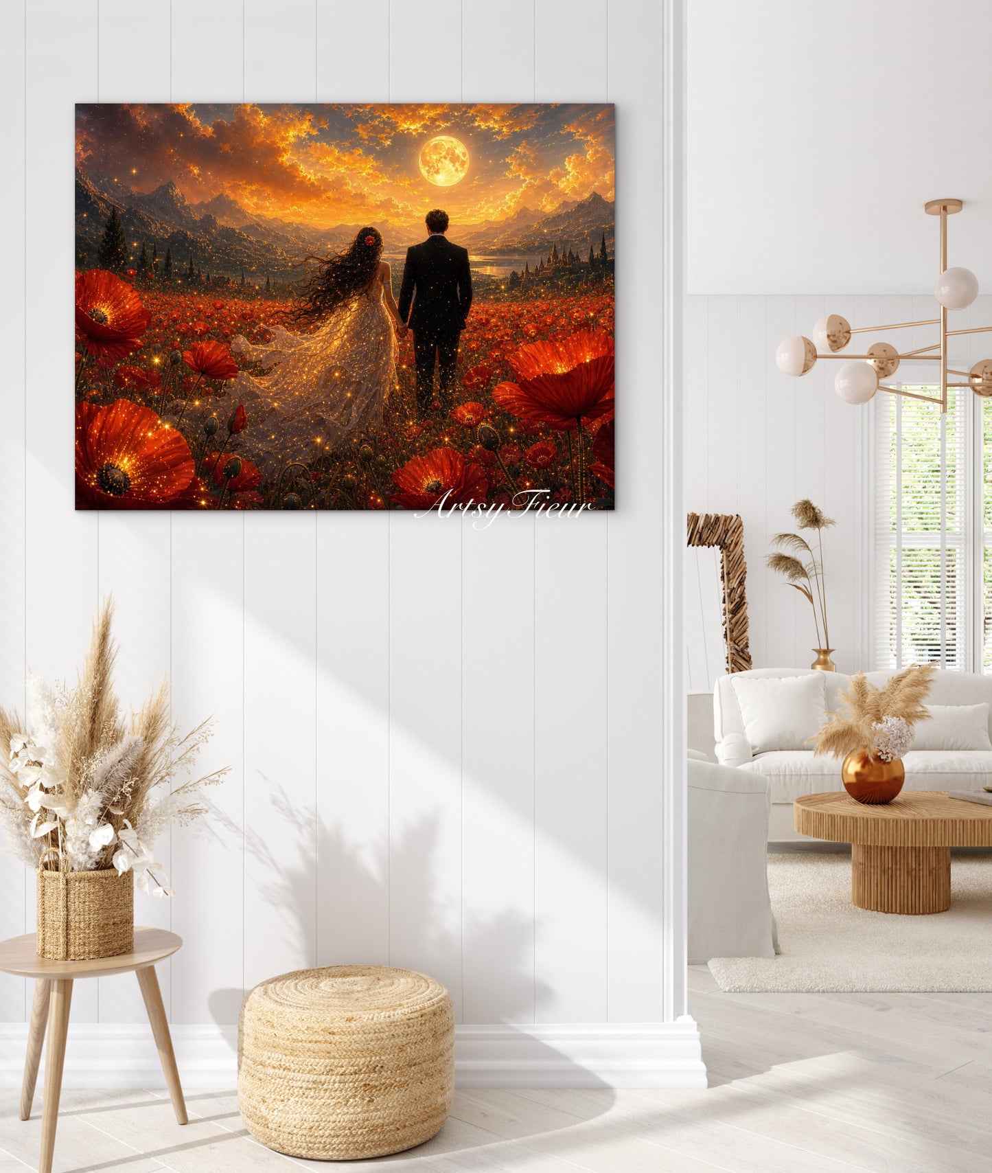 Framed canvas- ready to hang wall art print, fantasy painting vibrant sunset bride and groom in poppy field, wedding gift, poppies, lovers, celebrating love, whimsical landscape, sparking lights, unique gift original artwork.