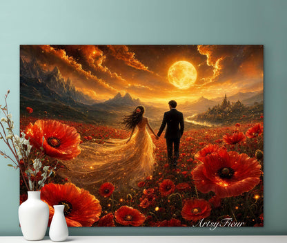 Framed canvas- ready to hang wall art print, vibrant sunset abstract landscape newlyweds in poppy field, gold full moon, love wedding celebration, floral, poppies , lovers, wedding gift, bride and groom dark hair brunette, unique gift, original artwork.