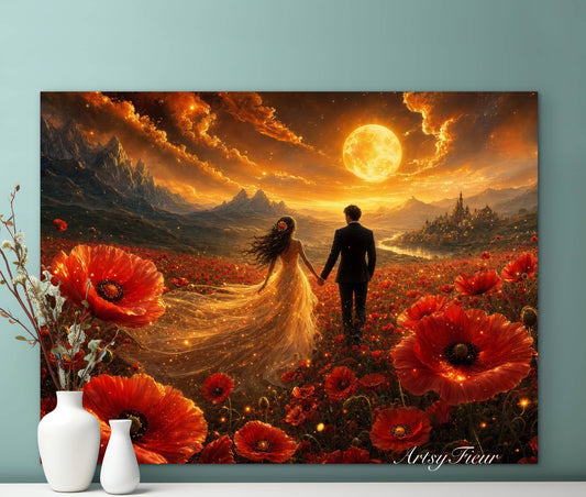 Framed canvas- ready to hang wall art print, vibrant sunset abstract landscape newlyweds in poppy field, gold full moon, love wedding celebration, floral, poppies , lovers, wedding gift, bride and groom dark hair brunette, unique gift, original artwork.
