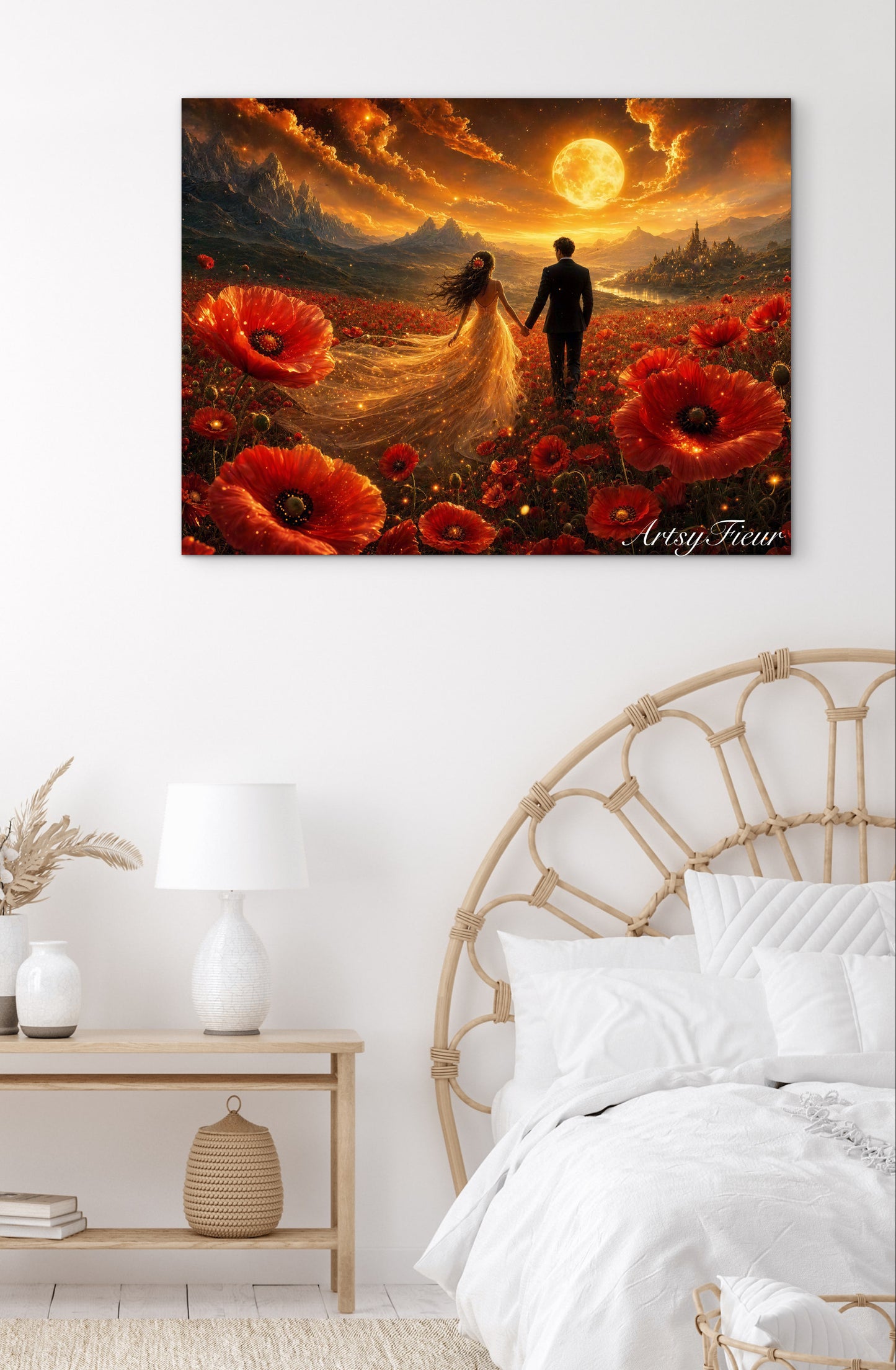 Framed canvas- ready to hang wall art print, vibrant sunset abstract landscape newlyweds in poppy field, gold full moon, love wedding celebration, floral, poppies , lovers, wedding gift, bride and groom dark hair brunette, unique gift, original artwork.