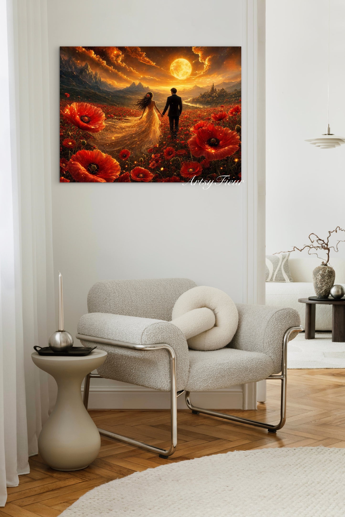 Framed canvas- ready to hang wall art print, vibrant sunset abstract landscape newlyweds in poppy field, gold full moon, love wedding celebration, floral, poppies , lovers, wedding gift, bride and groom dark hair brunette, unique gift, original artwork.