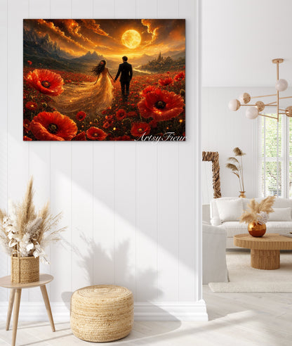 Framed canvas- ready to hang wall art print, vibrant sunset abstract landscape newlyweds in poppy field, gold full moon, love wedding celebration, floral, poppies , lovers, wedding gift, bride and groom dark hair brunette, unique gift, original artwork.
