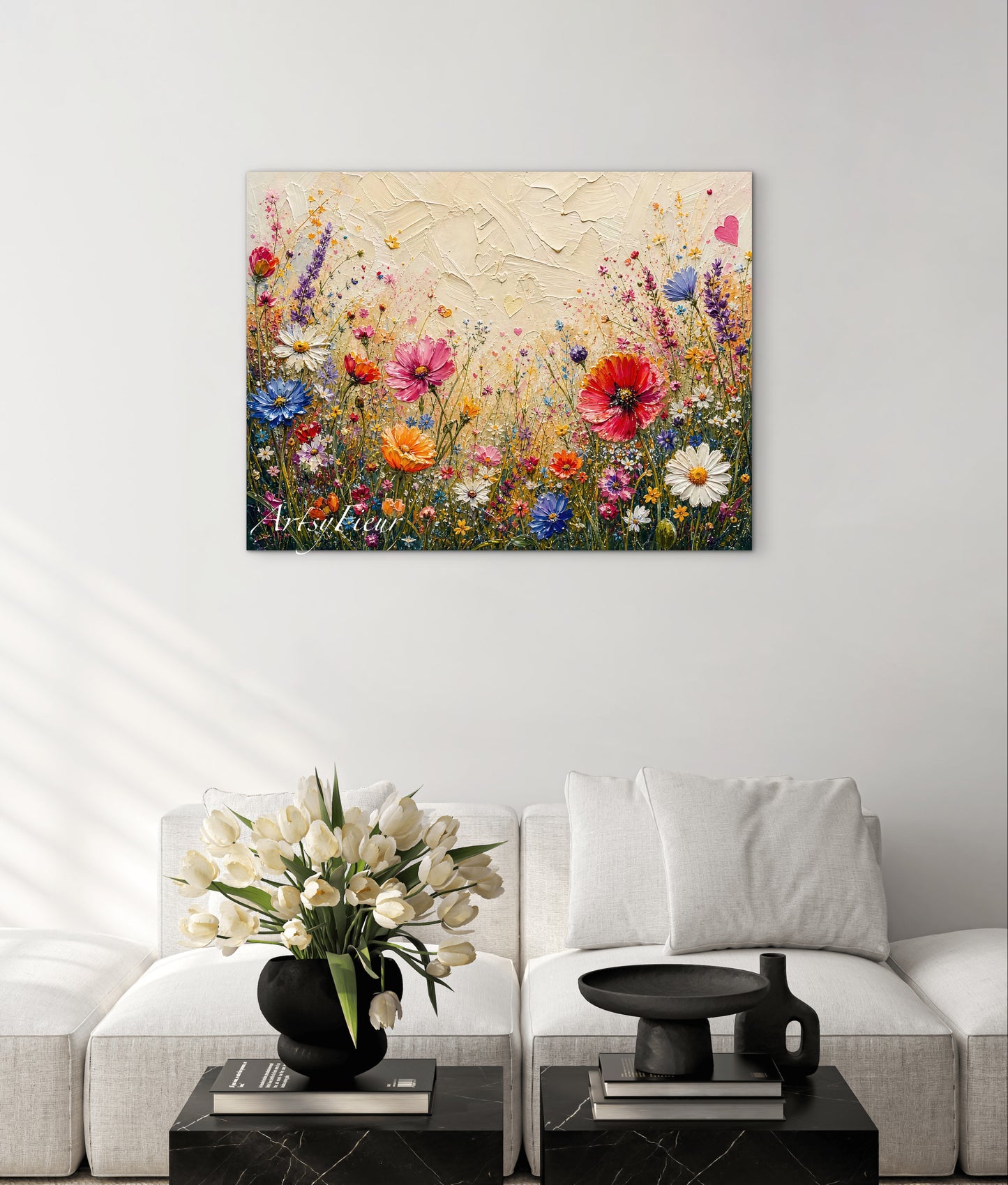 Framed Canvas Print- Vibrant Wildflowers Oil Painting Textured Wall Art , Beautiful Original Artwork Ready to Hang Living Room, Floral
