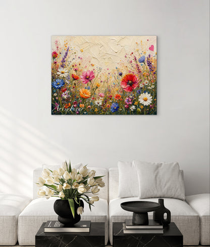 Framed Canvas Print- Vibrant Wildflowers Oil Painting Textured Wall Art , Beautiful Original Artwork Ready to Hang Living Room, Floral