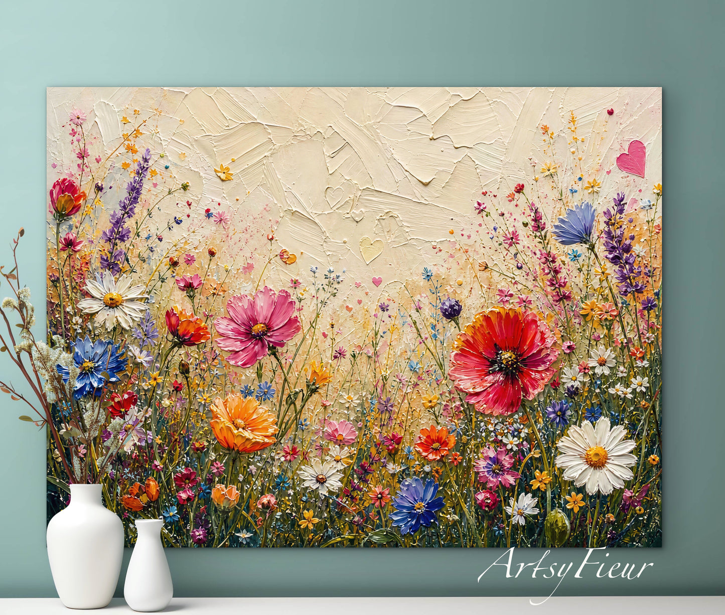 Framed Canvas Print- Vibrant Wildflowers Oil Painting Textured Wall Art , Beautiful Original Artwork Ready to Hang Living Room, Floral