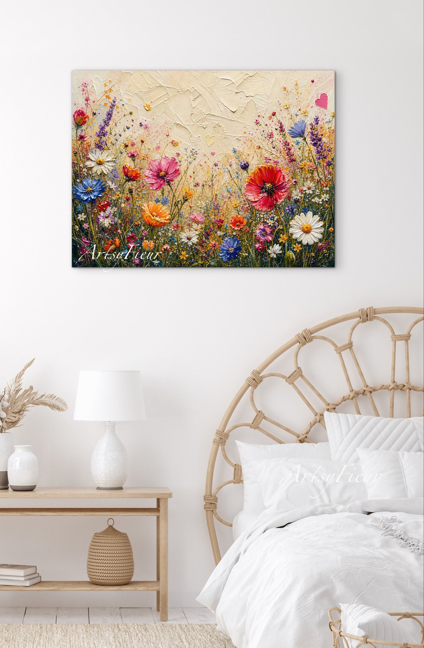 Framed Canvas Print- Vibrant Wildflowers Oil Painting Textured Wall Art , Beautiful Original Artwork Ready to Hang Living Room, Floral