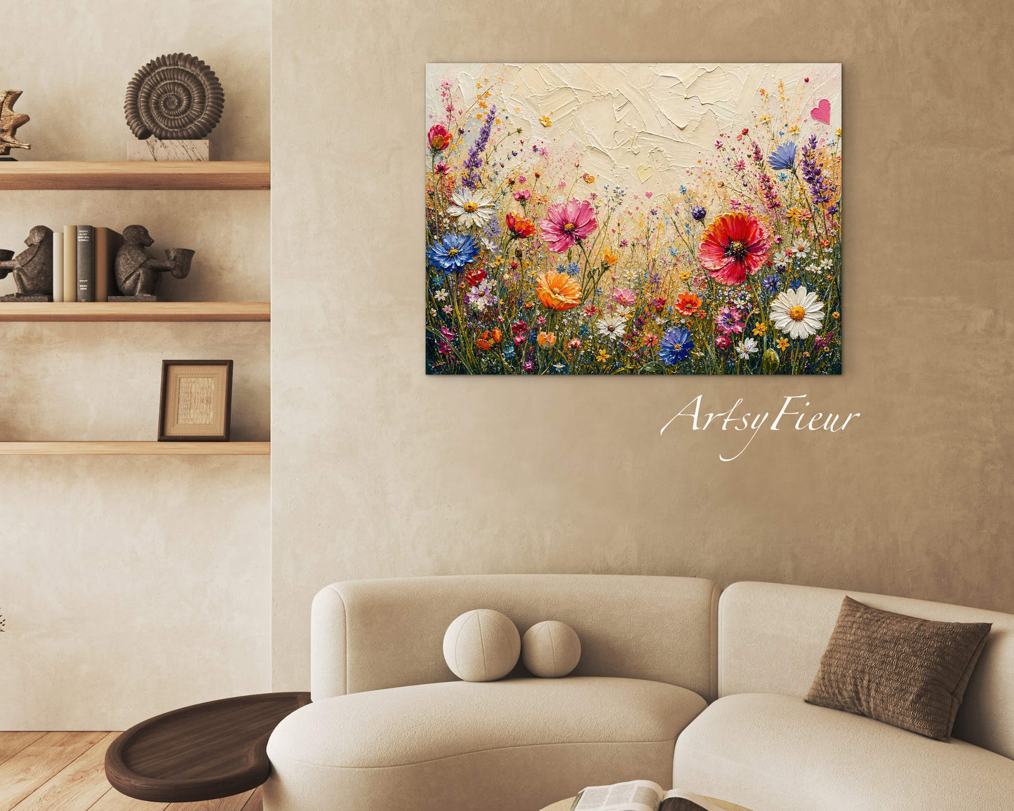 Framed Canvas Print- Vibrant Wildflowers Oil Painting Textured Wall Art , Beautiful Original Artwork Ready to Hang Living Room, Floral