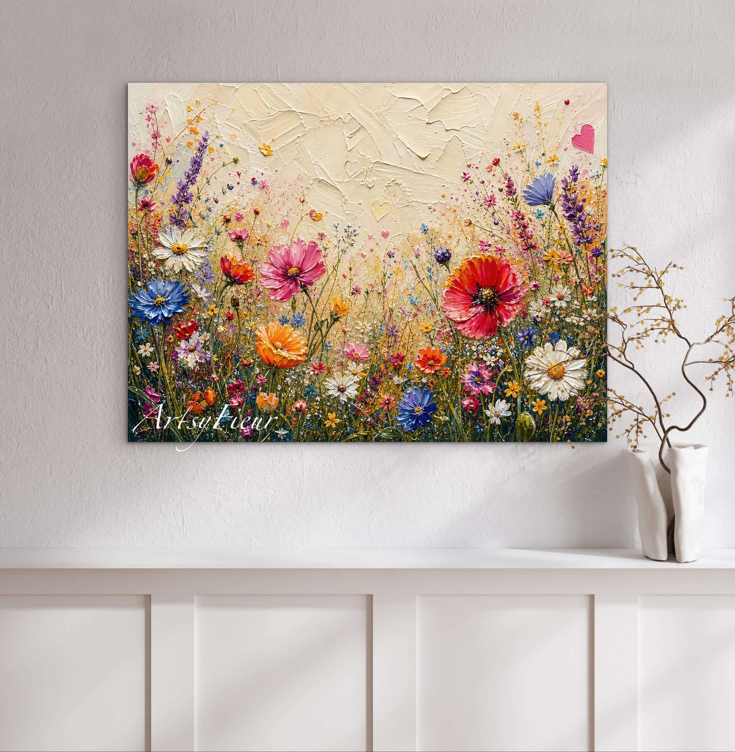 Framed Canvas Print- Vibrant Wildflowers Oil Painting Textured Wall Art , Beautiful Original Artwork Ready to Hang Living Room, Floral