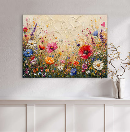 Framed Canvas Print- Vibrant Wildflowers Oil Painting Textured Wall Art , Beautiful Original Artwork Ready to Hang Living Room, Floral