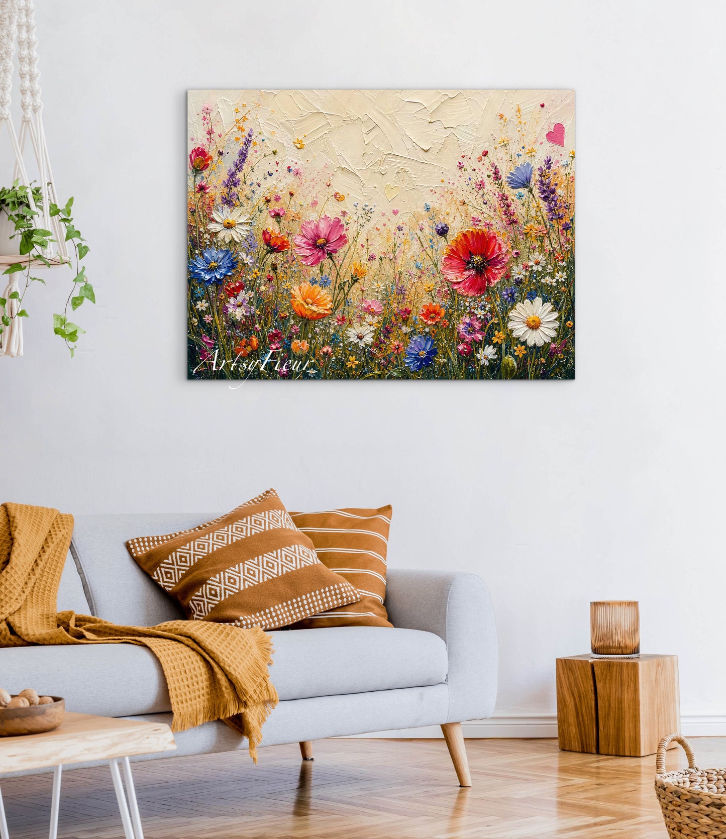 Framed Canvas Print- Vibrant Wildflowers Oil Painting Textured Wall Art , Beautiful Original Artwork Ready to Hang Living Room, Floral