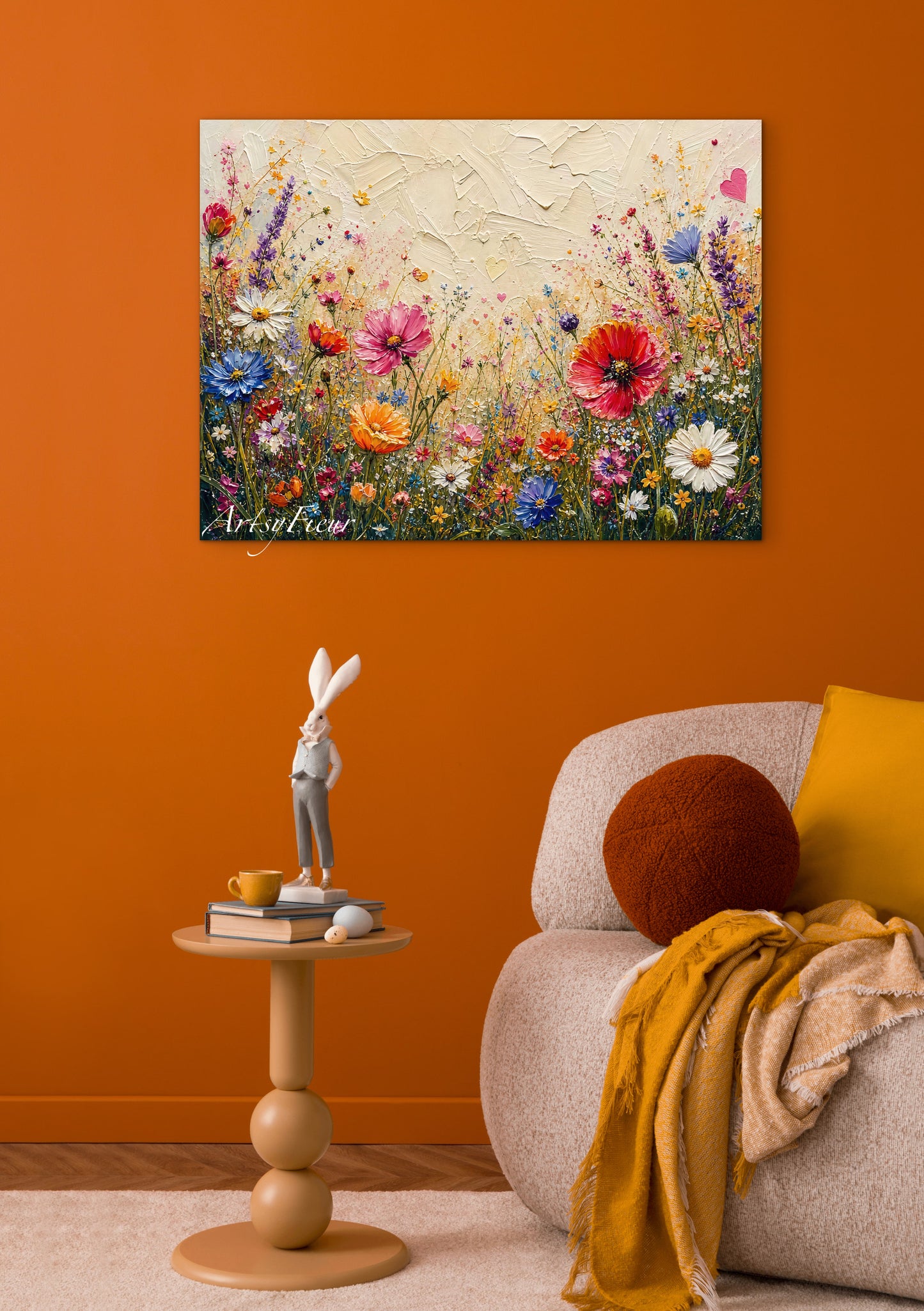 Framed Canvas Print- Vibrant Wildflowers Oil Painting Textured Wall Art , Beautiful Original Artwork Ready to Hang Living Room, Floral