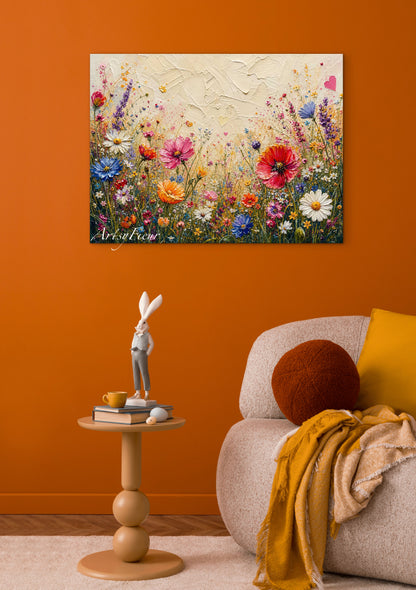 Framed Canvas Print- Vibrant Wildflowers Oil Painting Textured Wall Art , Beautiful Original Artwork Ready to Hang Living Room, Floral