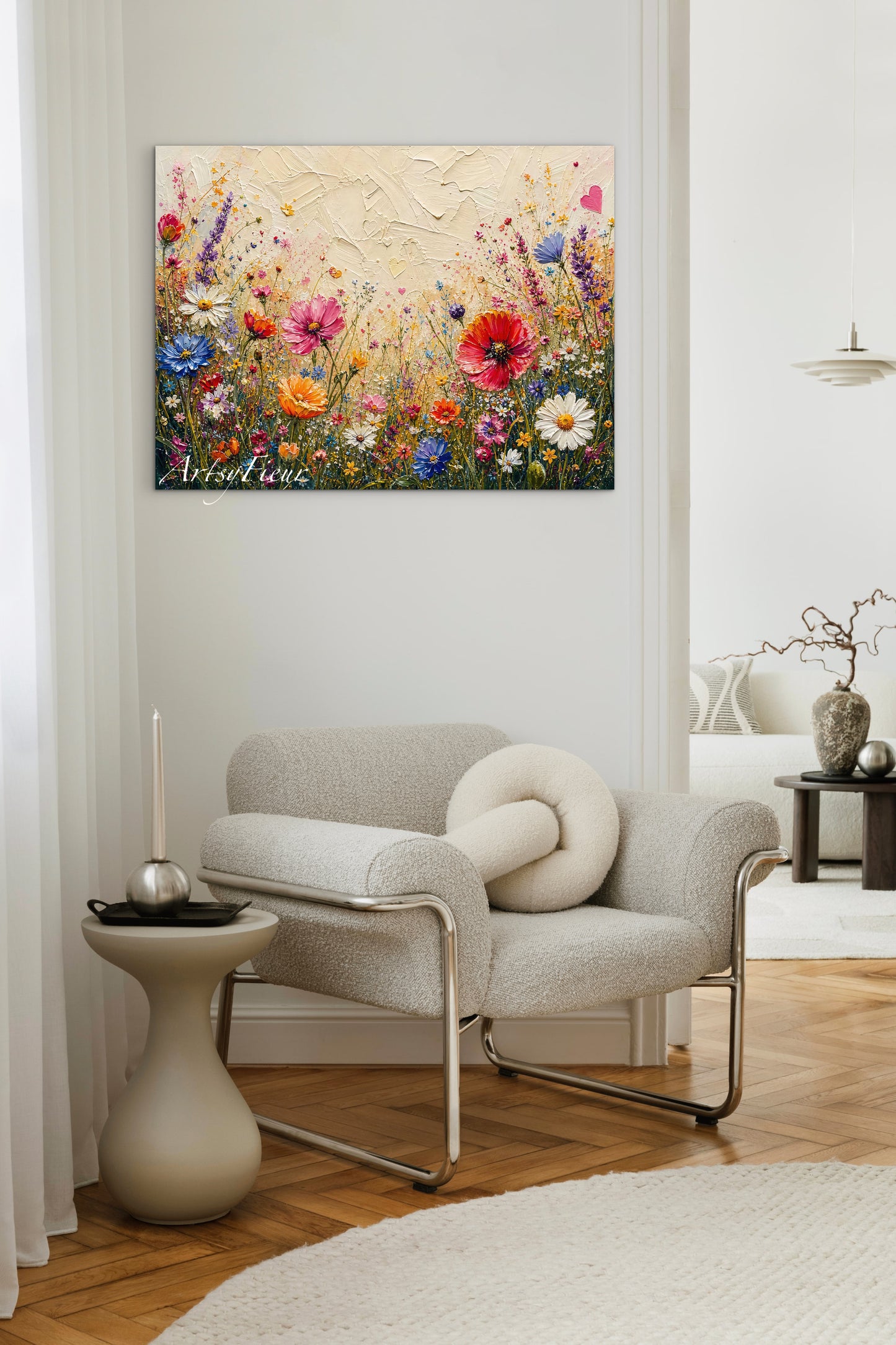 Framed Canvas Print- Vibrant Wildflowers Oil Painting Textured Wall Art , Beautiful Original Artwork Ready to Hang Living Room, Floral