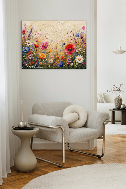 Framed Canvas Print- Vibrant Wildflowers Oil Painting Textured Wall Art , Beautiful Original Artwork Ready to Hang Living Room, Floral