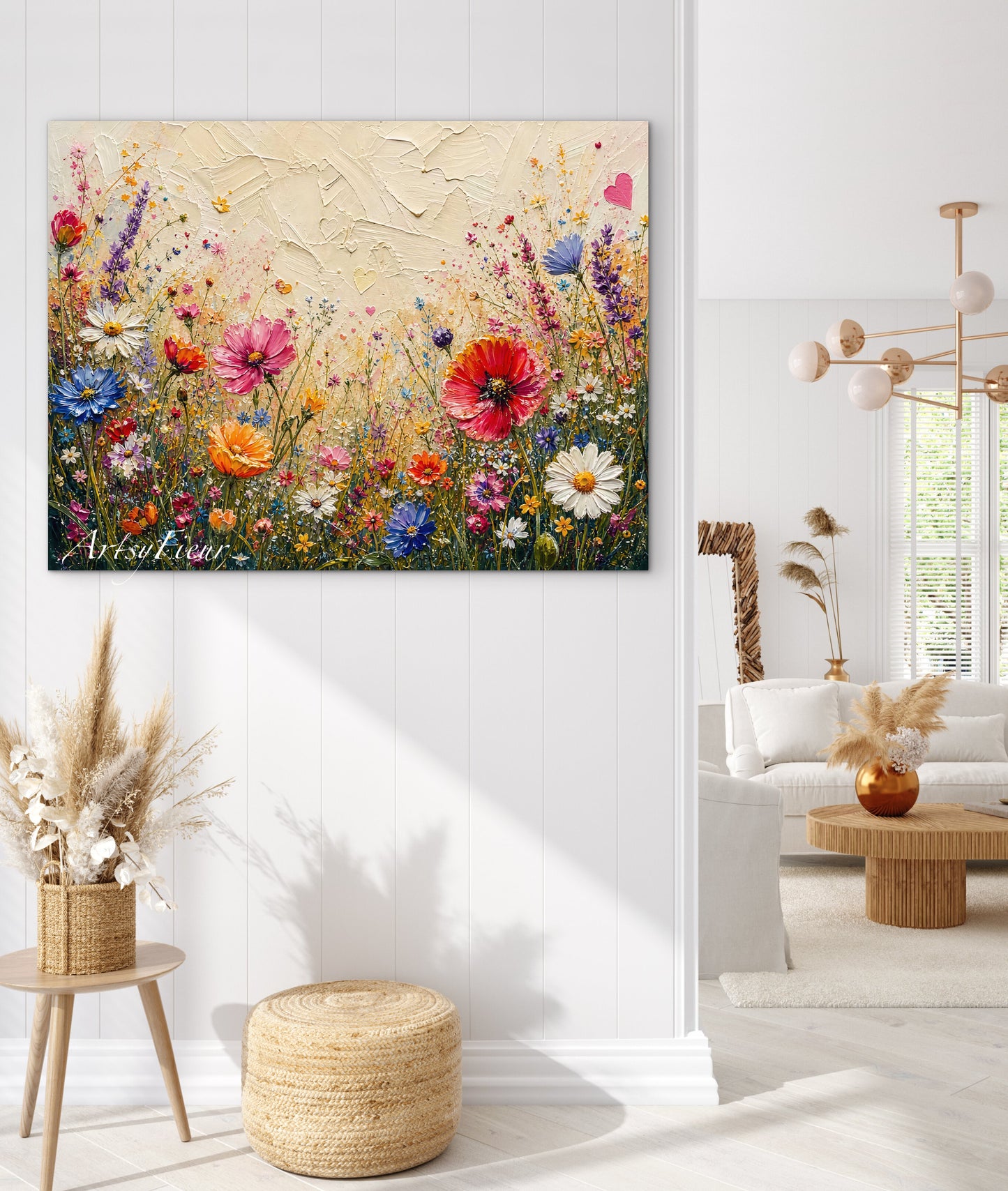 Framed Canvas Print- Vibrant Wildflowers Oil Painting Textured Wall Art , Beautiful Original Artwork Ready to Hang Living Room, Floral