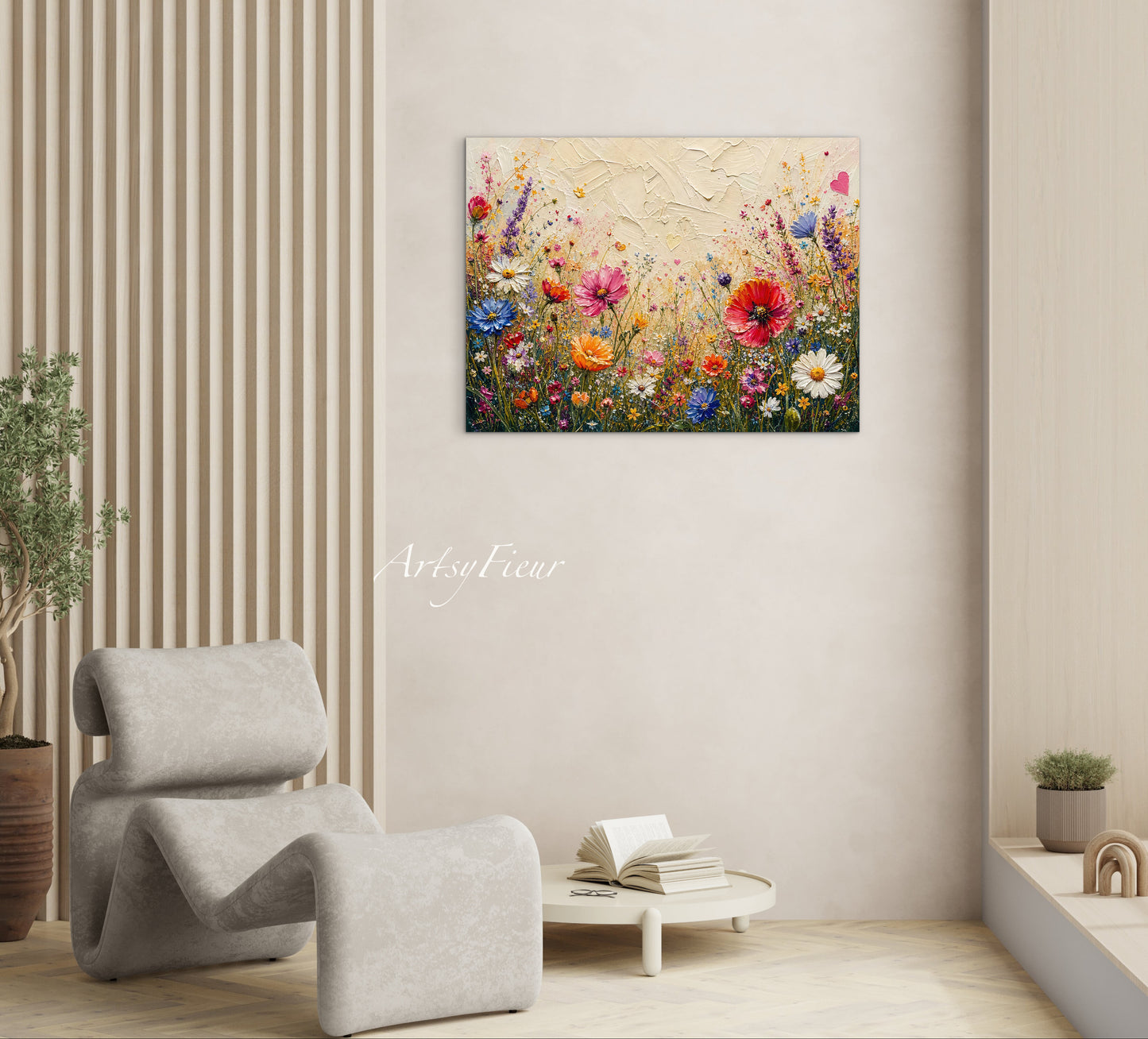 Framed Canvas Print- Vibrant Wildflowers Oil Painting Textured Wall Art , Beautiful Original Artwork Ready to Hang Living Room, Floral