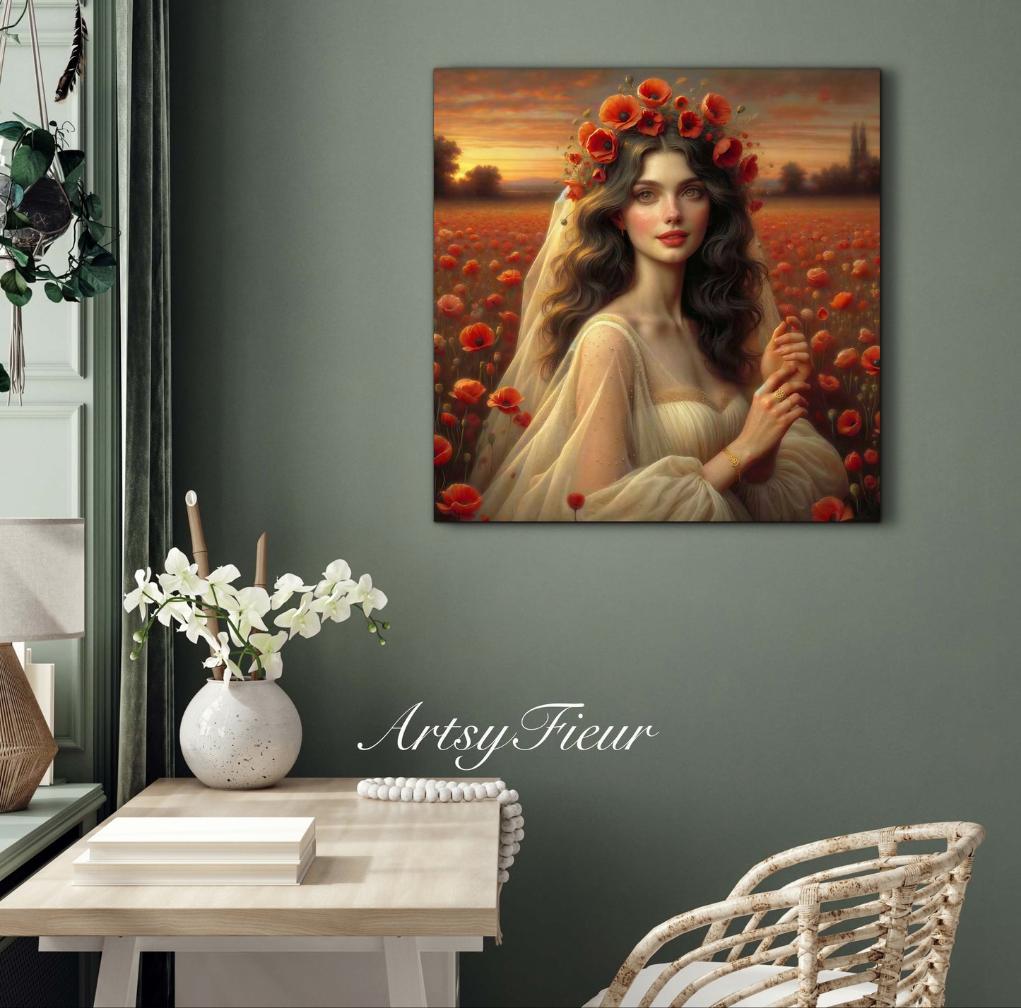 Framed canvas- Original Artwork Vibrant Poppies watercolour floral painting beautiful brunette woman ready to hang wall art print, abstract portrait colourful painting for living room