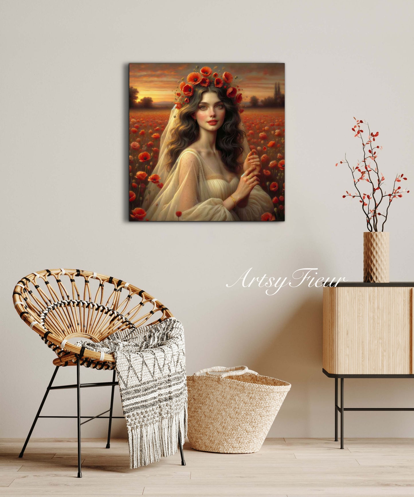 Framed canvas- Original Artwork Vibrant Poppies watercolour floral painting beautiful brunette woman ready to hang wall art print, abstract portrait colourful painting for living room