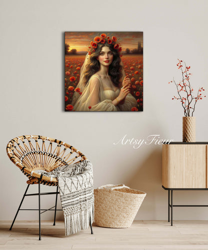 Framed canvas- Original Artwork Vibrant Poppies watercolour floral painting beautiful brunette woman ready to hang wall art print, abstract portrait colourful painting for living room