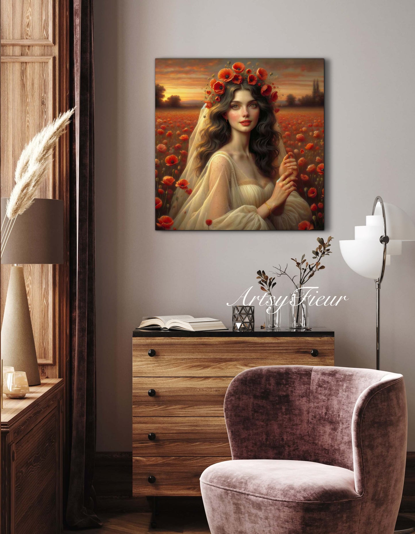 Framed canvas- Original Artwork Vibrant Poppies watercolour floral painting beautiful brunette woman ready to hang wall art print, abstract portrait colourful painting for living room