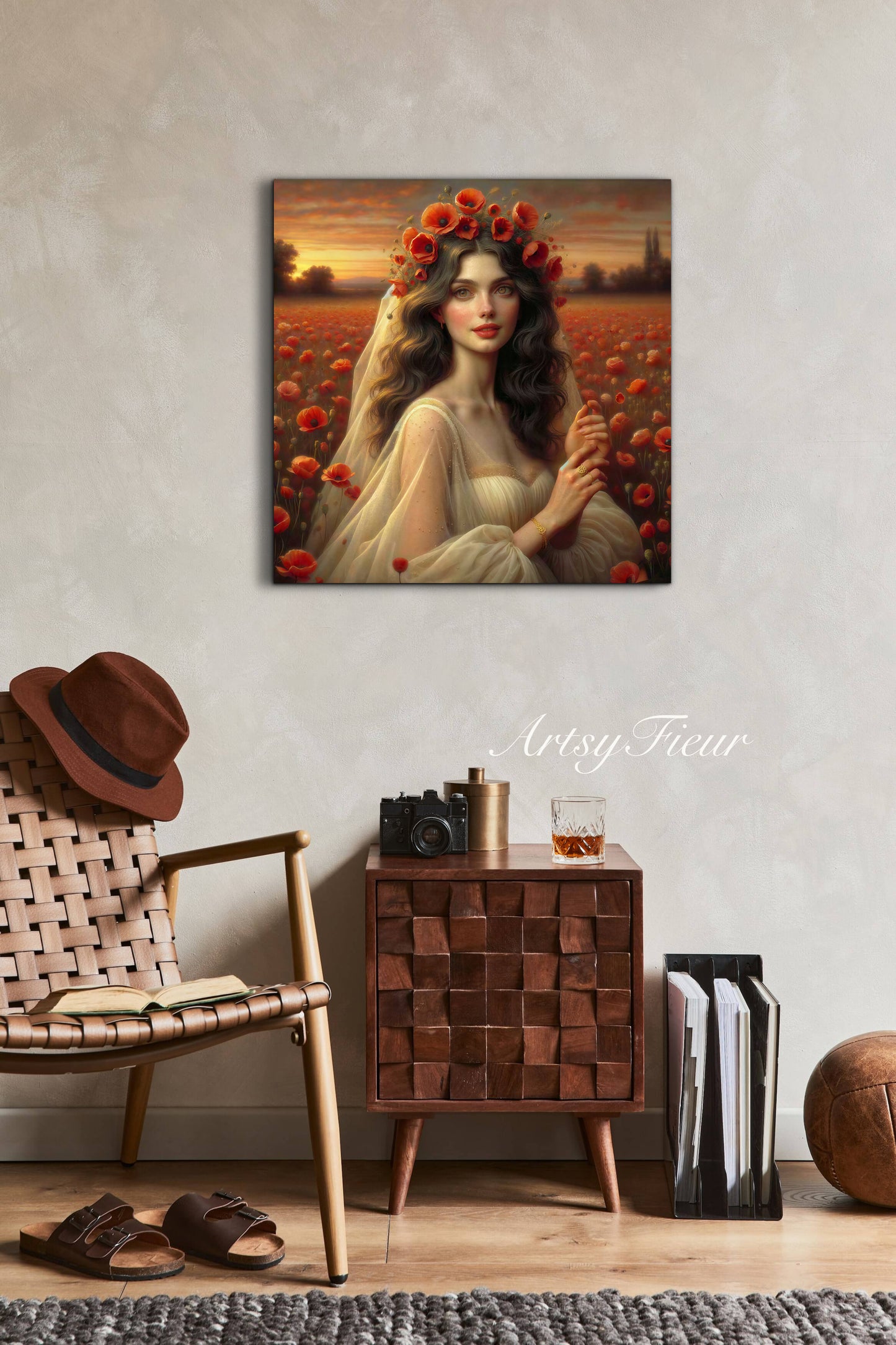 Framed canvas- Original Artwork Vibrant Poppies watercolour floral painting beautiful brunette woman ready to hang wall art print, abstract portrait colourful painting for living room