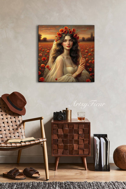 Framed canvas- Original Artwork Vibrant Poppies watercolour floral painting beautiful brunette woman ready to hang wall art print, abstract portrait colourful painting for living room