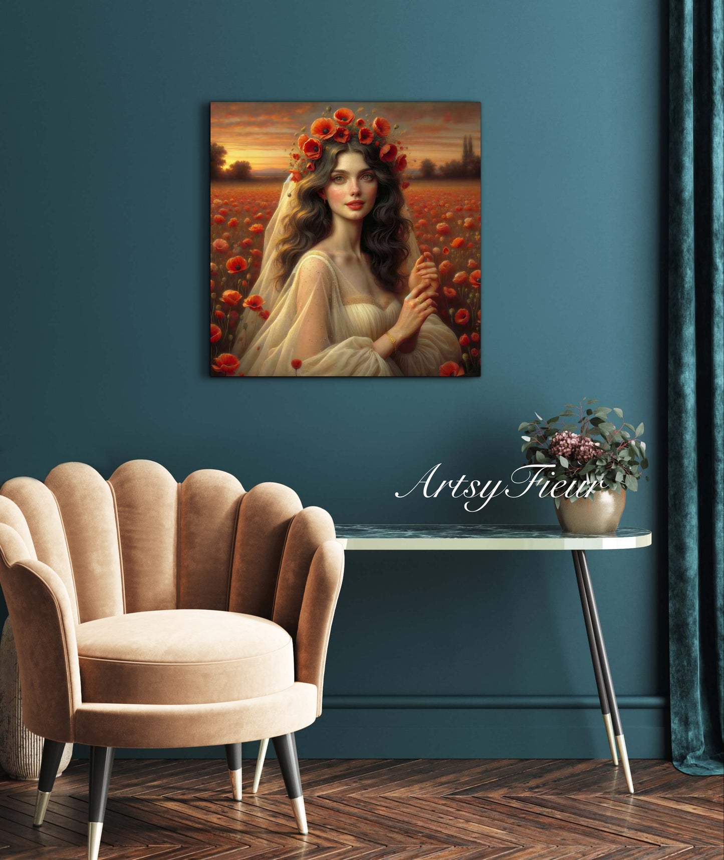 Framed canvas- Original Artwork Vibrant Poppies watercolour floral painting beautiful brunette woman ready to hang wall art print, abstract portrait colourful painting for living room