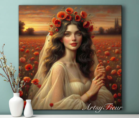 Framed canvas- Original Artwork Vibrant Poppies watercolour floral painting beautiful brunette woman ready to hang wall art print, abstract portrait colourful painting for living room