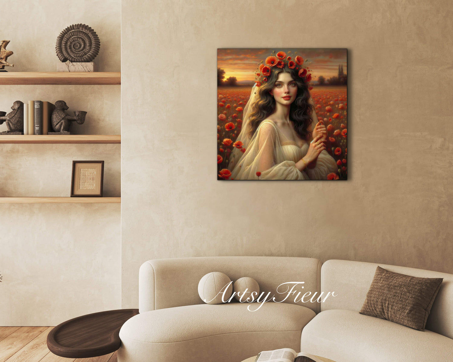 Framed canvas- Original Artwork Vibrant Poppies watercolour floral painting beautiful brunette woman ready to hang wall art print, abstract portrait colourful painting for living room