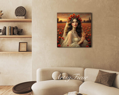 Framed canvas- Original Artwork Vibrant Poppies watercolour floral painting beautiful brunette woman ready to hang wall art print, abstract portrait colourful painting for living room