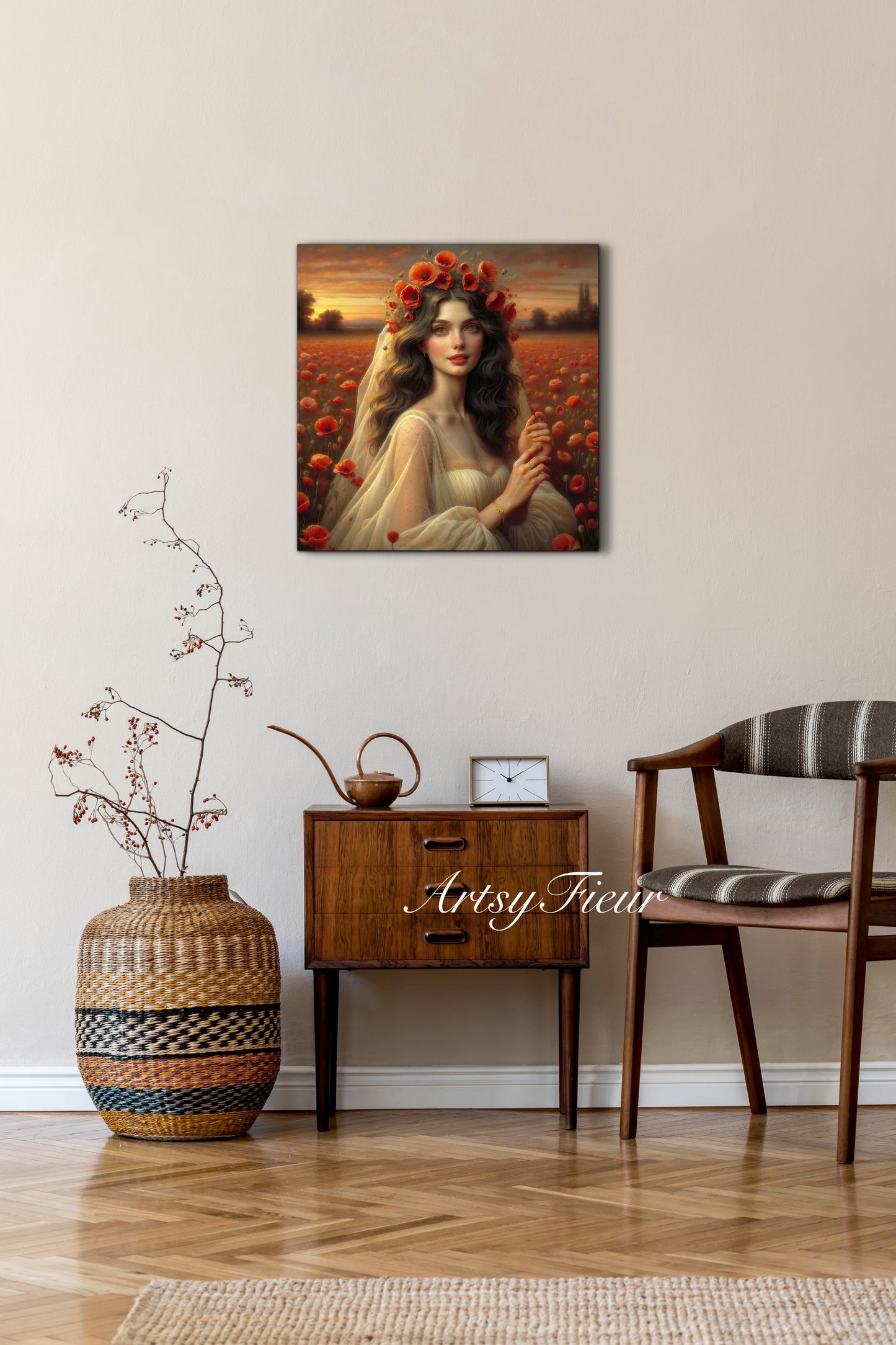 Framed canvas- Original Artwork Vibrant Poppies watercolour floral painting beautiful brunette woman ready to hang wall art print, abstract portrait colourful painting for living room