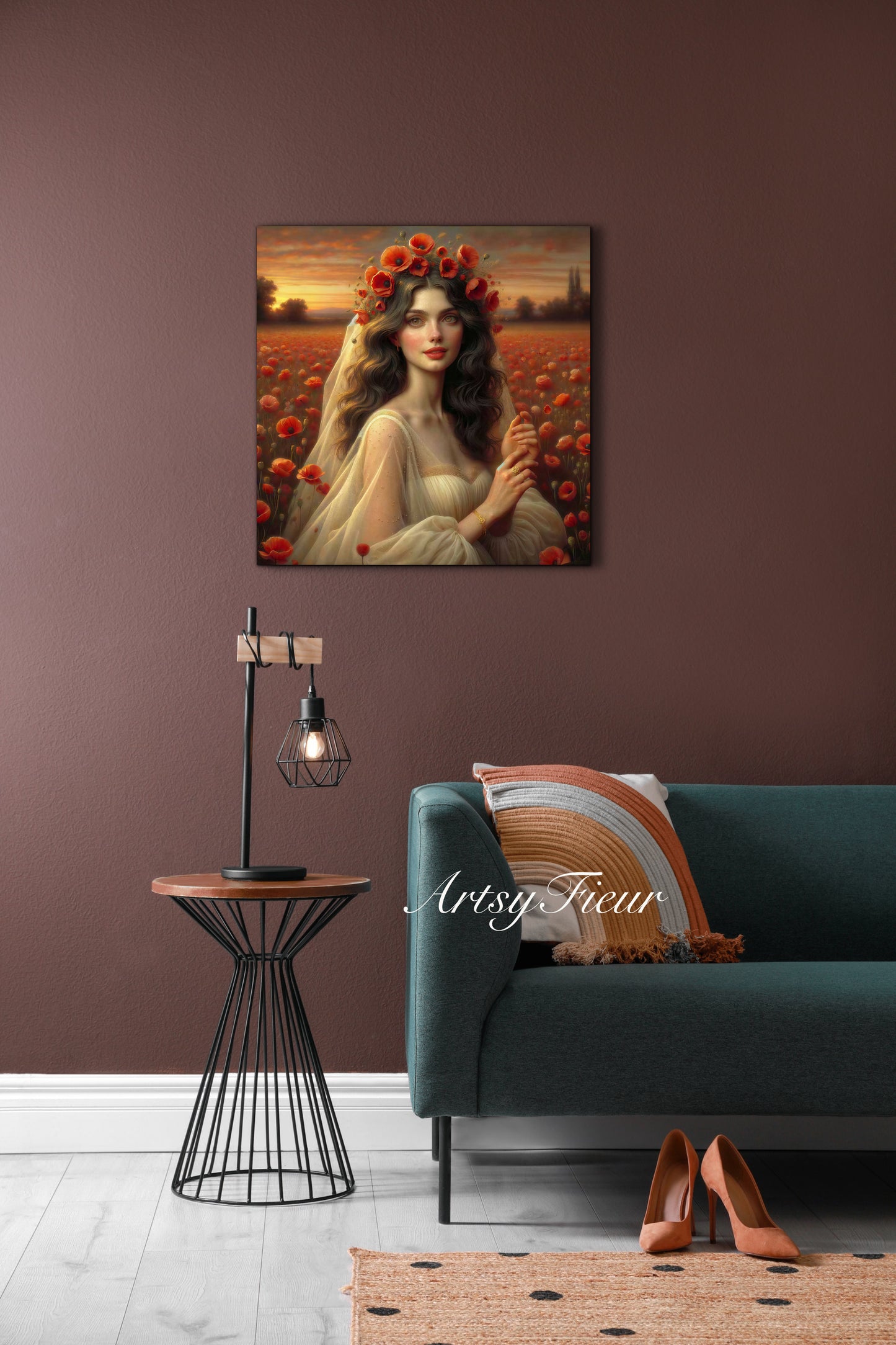 Framed canvas- Original Artwork Vibrant Poppies watercolour floral painting beautiful brunette woman ready to hang wall art print, abstract portrait colourful painting for living room